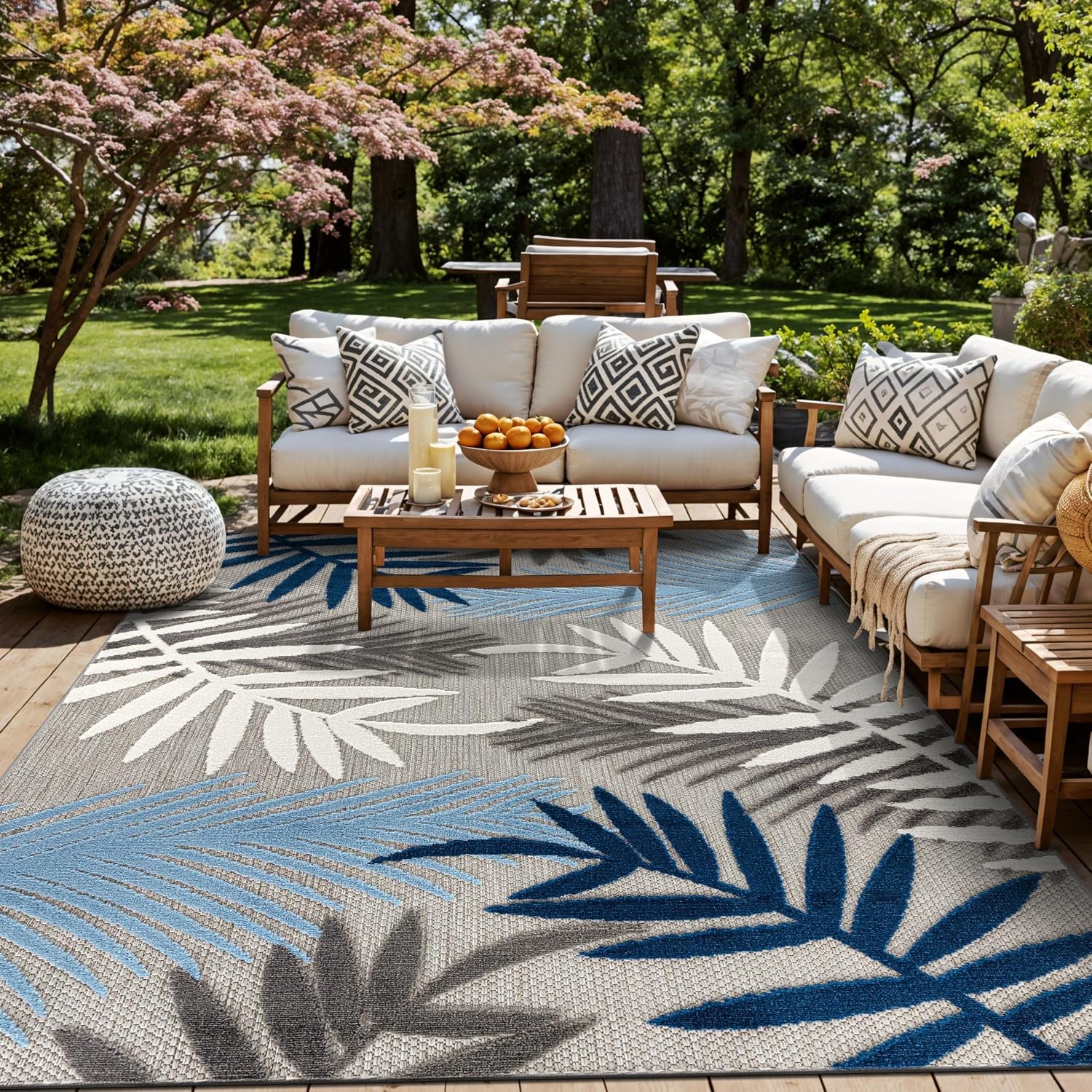 Blue Palm Frond Indoor/Outdoor Area Rug Non-Shedding Easy Cleaning for Patio