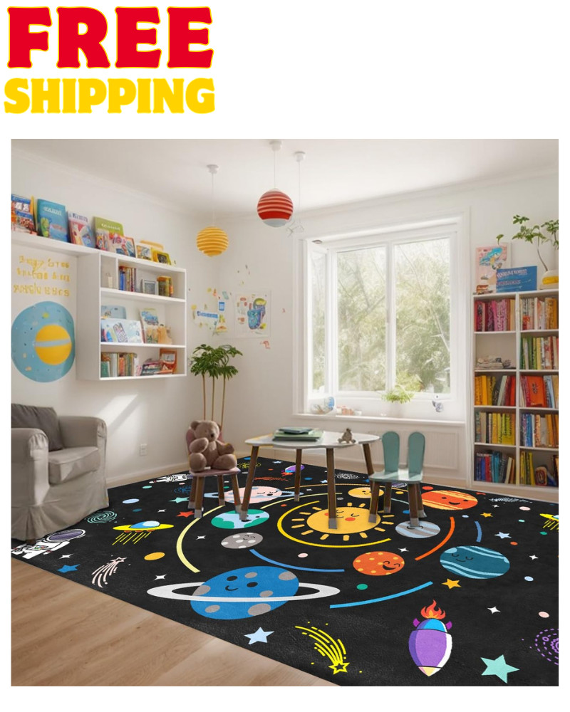 Space Rug for Boys Room – Outer Space Rug for Bedroom Solar System Planet Theme