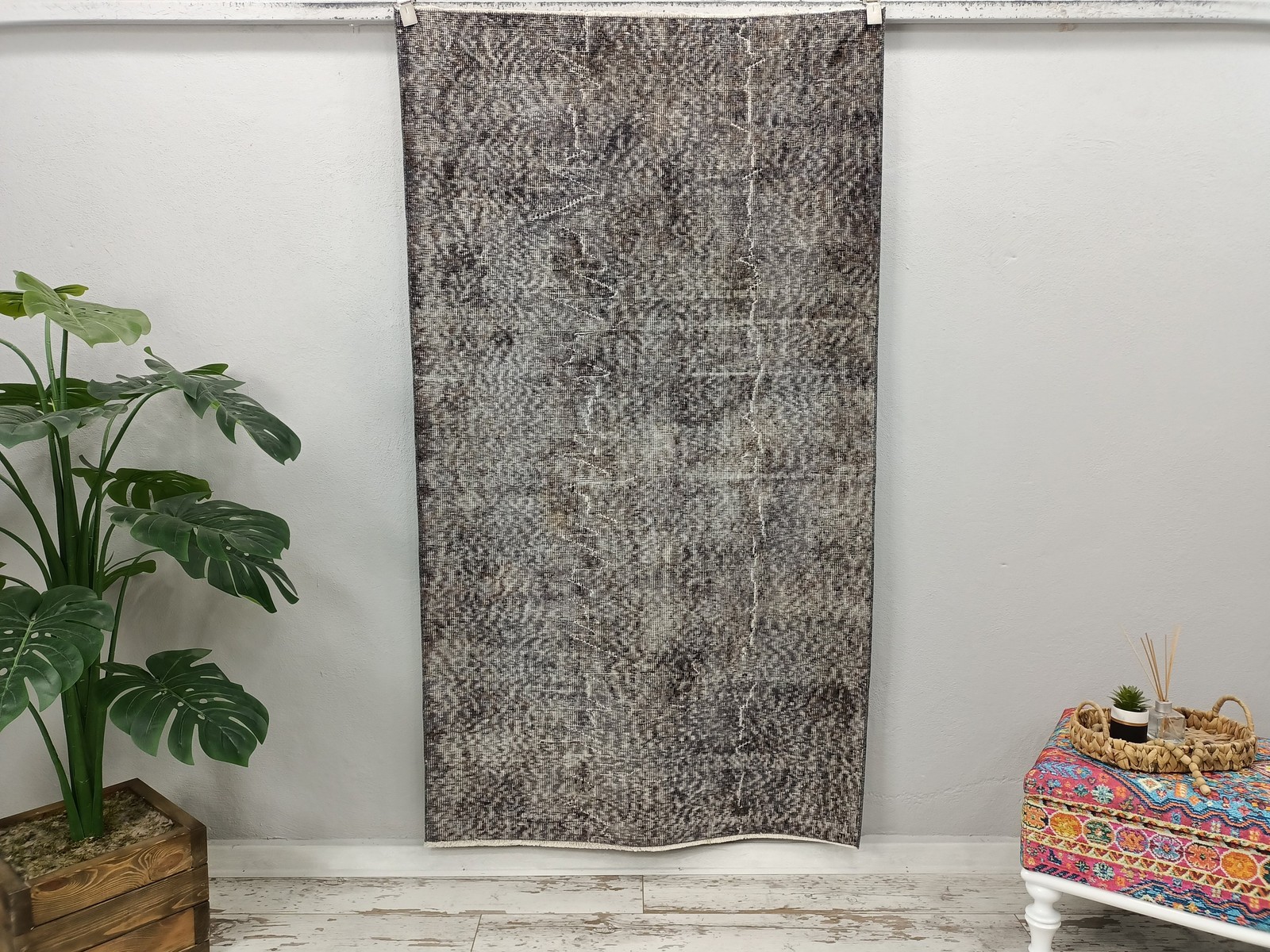 Turkish Gray Rug Vintage Oushak Hand Knotted Overdyed Wool 3.5×6.3 Feet