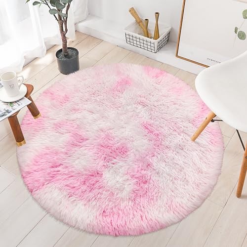 Pink Round Rugs for Bedroom, 3′ Circle Area Rugs for Living Room, Tie Dye