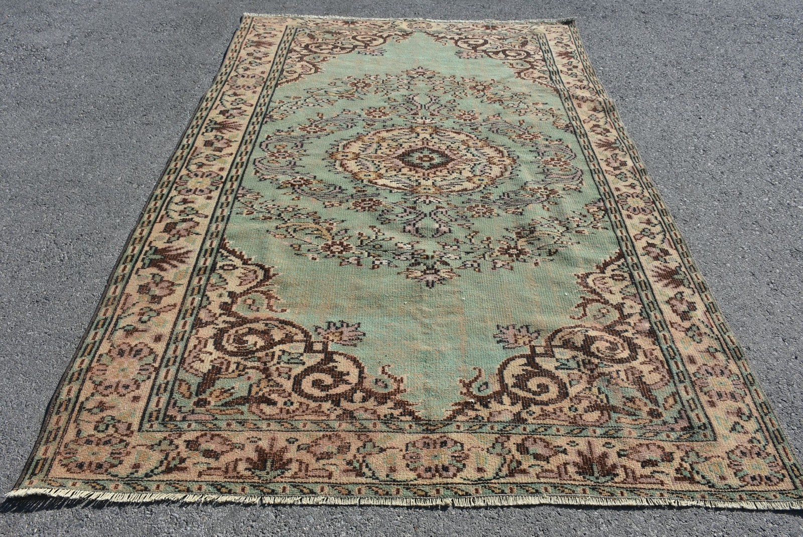 Turkish Rug, 5,9×8,9 ft Large Rug, Green Brown Wool Rug