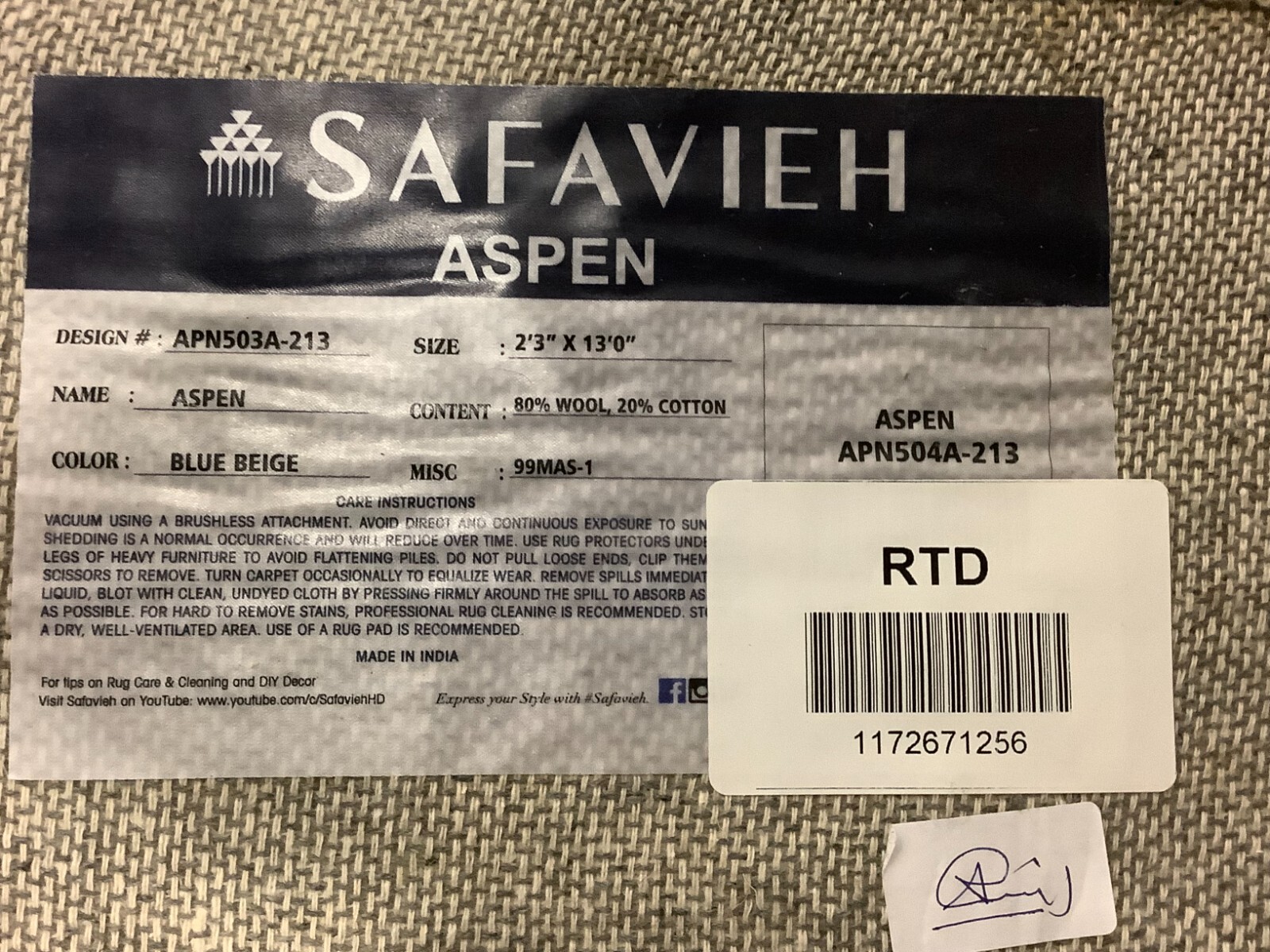 BLUE / BEIGE 2′-3″ x 13′-0″ Flaw in Rug, Reduced Price 1172671256 APN504A-213
