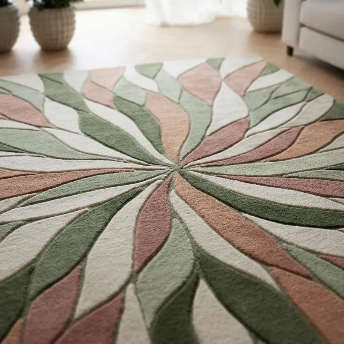 Hand Tufted Wool Rug, Modern Floral Botanical Area, Sage Green Blush Beig Carpet