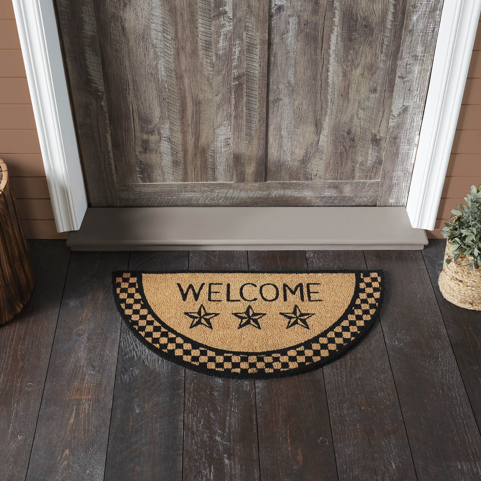 Black Check Stars Coir Rug Country Welcome Half Circle 17×36 17×48 or 20×30 Rect