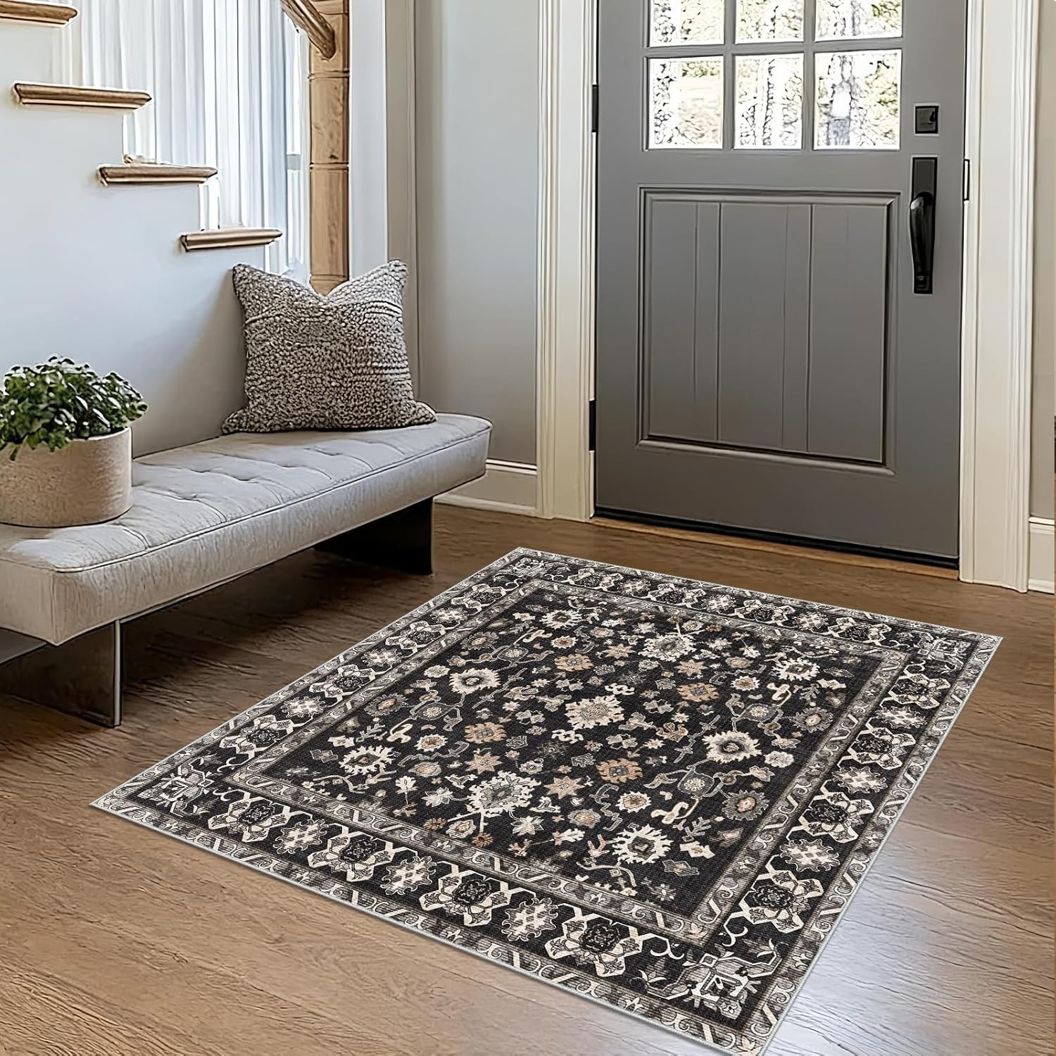 Square 4×4 Rug Entryway: Non Slip Machine Washable Indoor Carpet for Entry Ki…