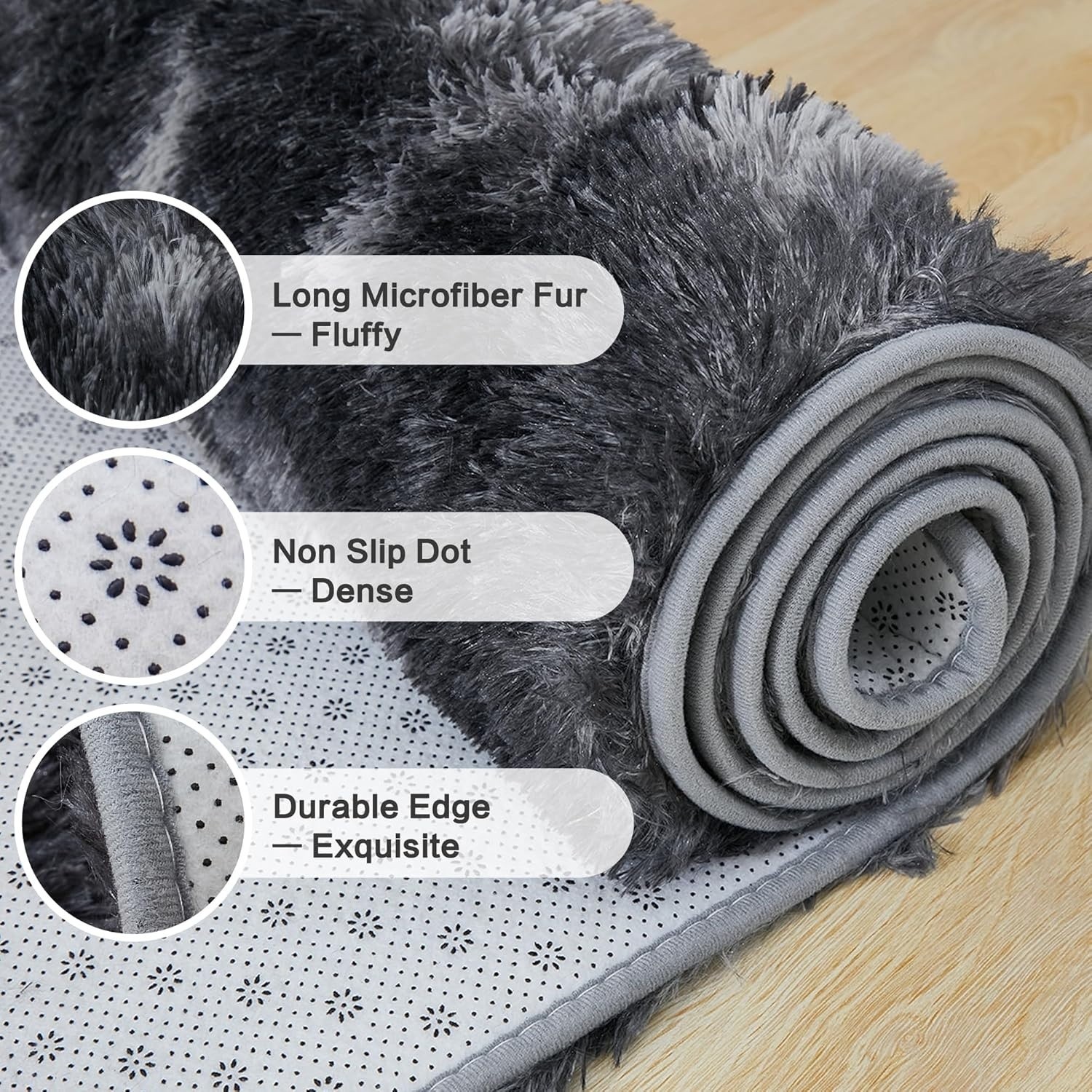 Alfombra de pelo largo de 4×6 para sala de estar, gris oscuro teñido anudado NEW
