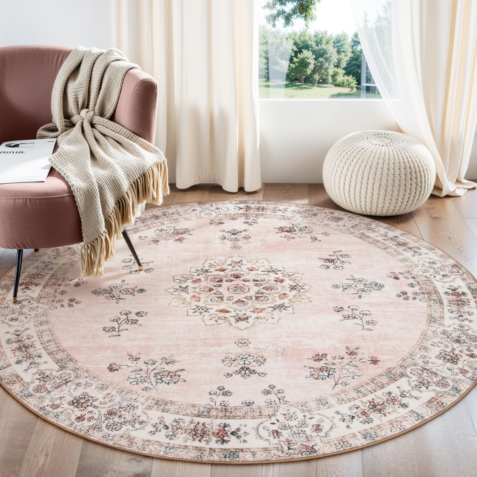 Lahome Washable Pink Round Rug 8Ft Soft Europe Vintage 8X8 Circle Rug Nursery