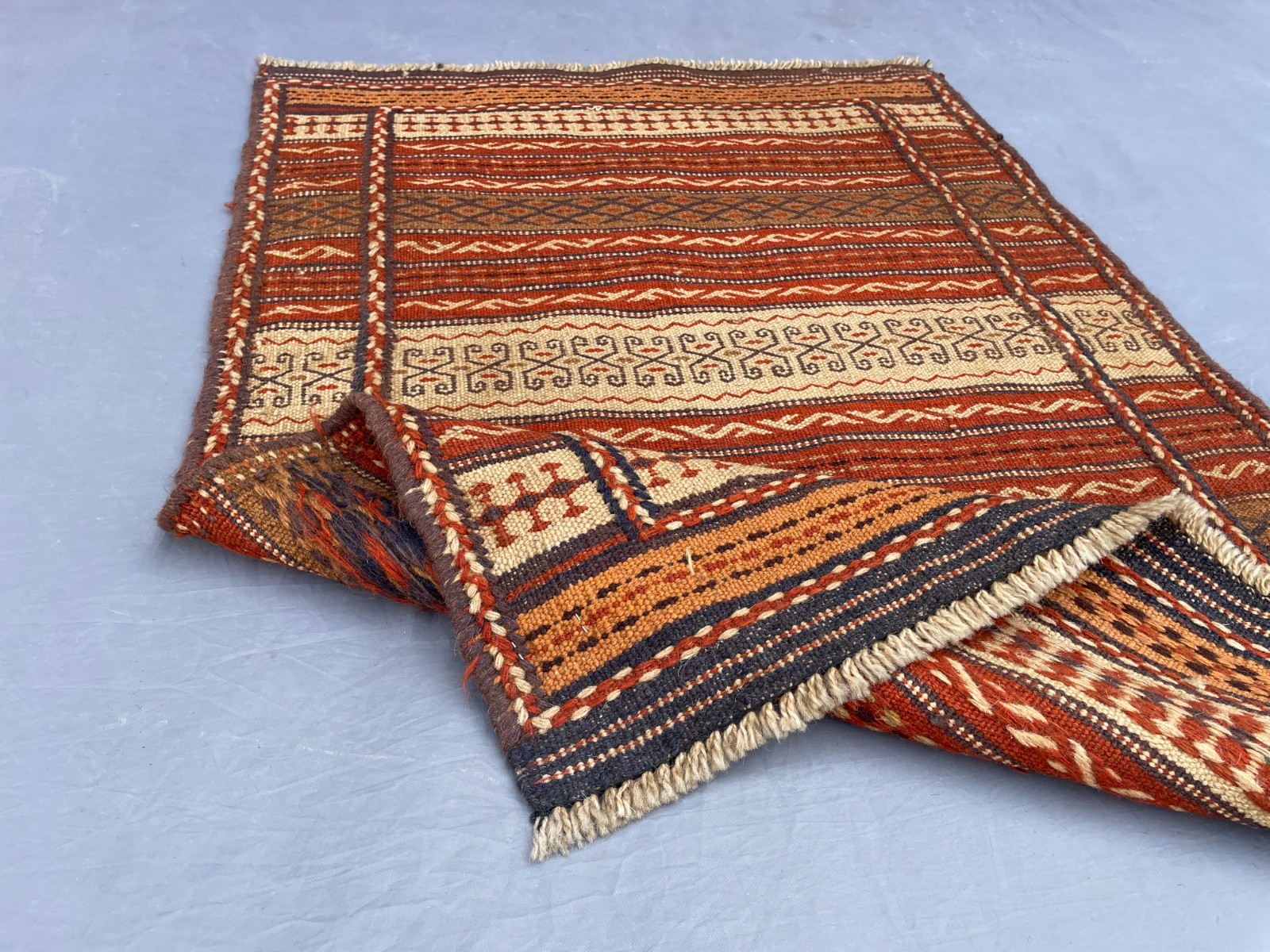 2×3 Handwoven Afghan Kilim Rug Tribal Wool Flatweave with Hooked Motifs N Stripe