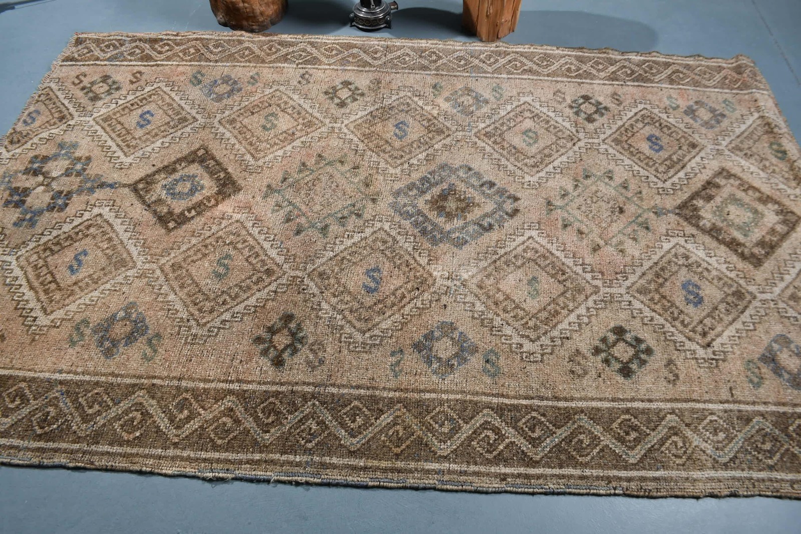 Turkish Vintage Rug, 5,3×8,2 ft Rug, Brown Blue Polka dot Rug