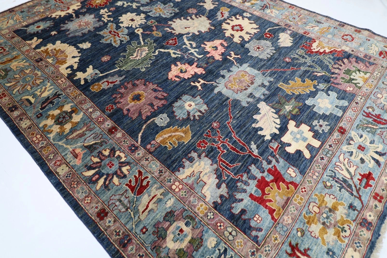 Hand Knotted Oushak Wool Rug Navy Blue Floral Turkish Style Area Carpet 8×10