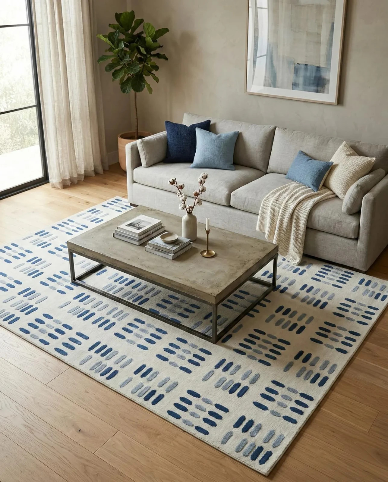 Ivory Blue Hand Tufted Rug, Textured Pattern, High Quality Wool Carpet, Modern