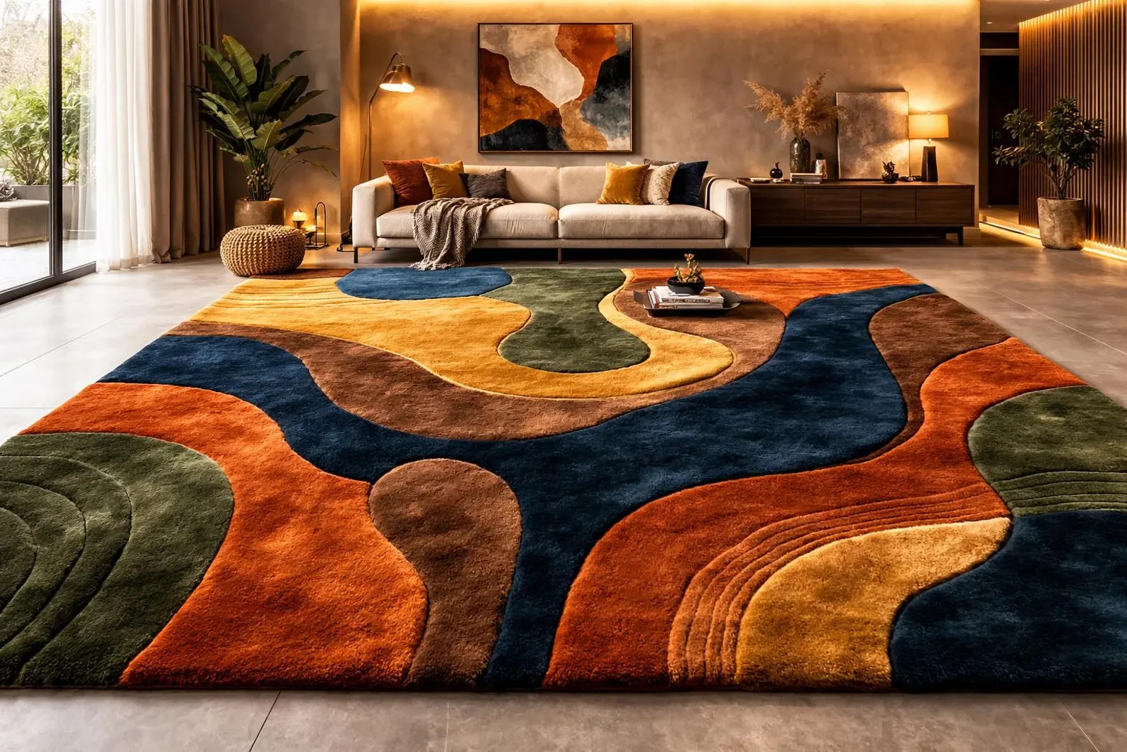 Mid Century Modern Hand-Tufted Retro Earth Tone Decor Rug Large Abstract 3d Area