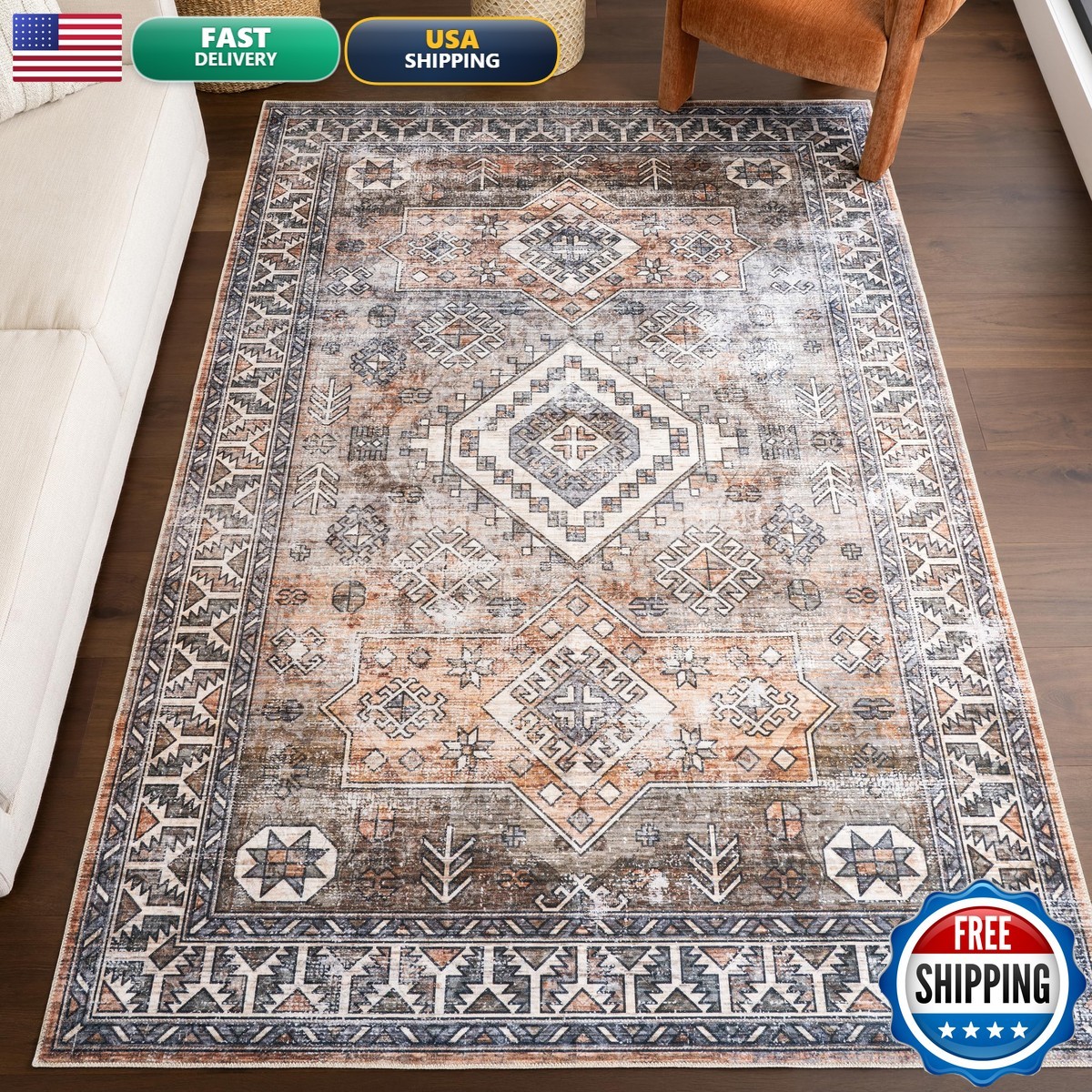 Nuloom SpinClean Bowie Rust/Ivory, 6′ Square, Vintage Oriental, Soft And Cozy
