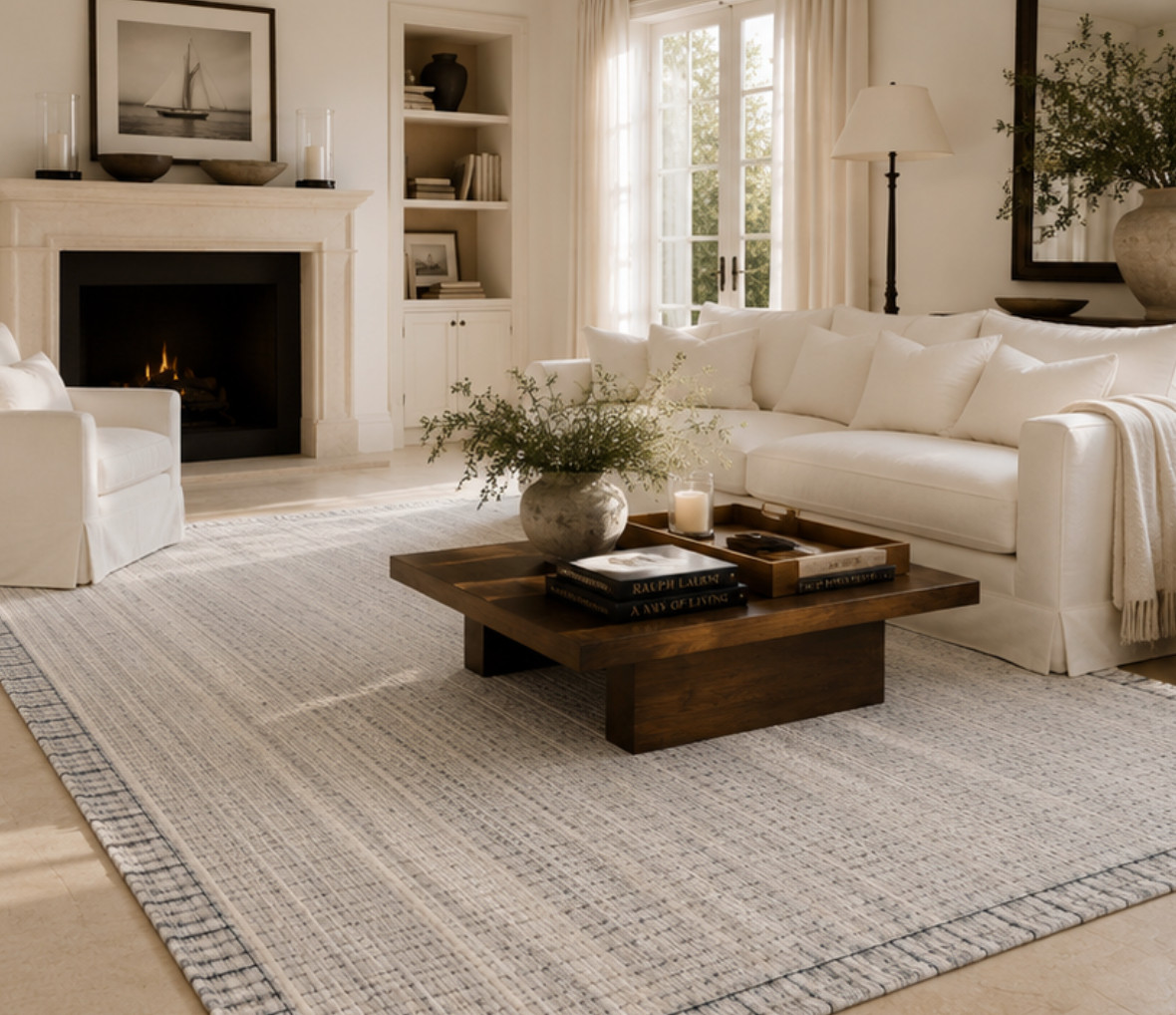 Ralph Lauren Style Ivory Plaid Wool Rug 8×10 Luxury Handwoven