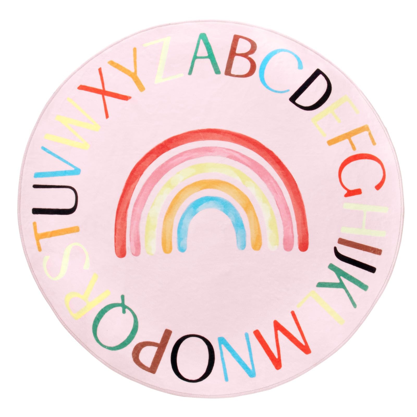 Truqual Round Kids Alphabet Rug, 47 inch Rainbow Classroom Rug, Pink | Non-Sl…