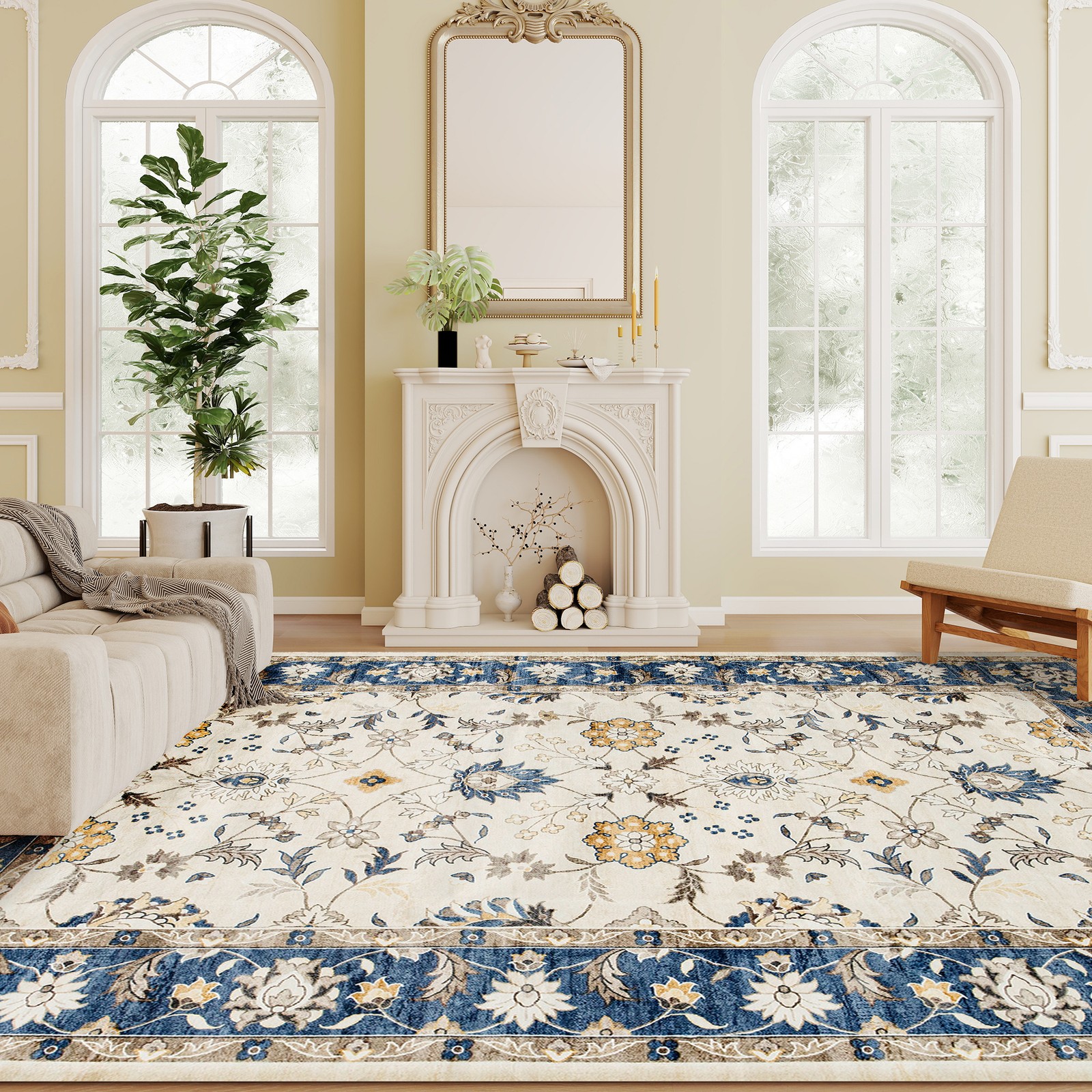 HOMCOM Machine Washable Area Rug 4×6, Boho Floral Print Carpet, Blue