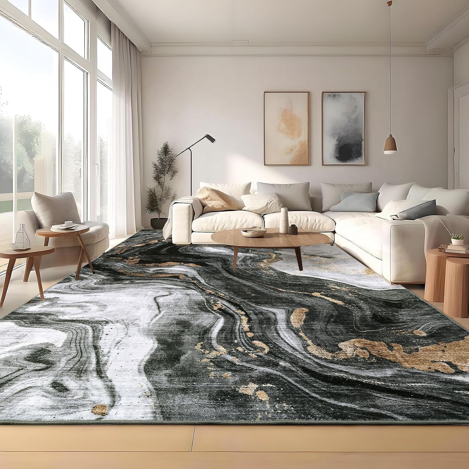 Modern Abstract 8×10 Washable Area Rug Non Slip Living Bedroom Dining Room Black