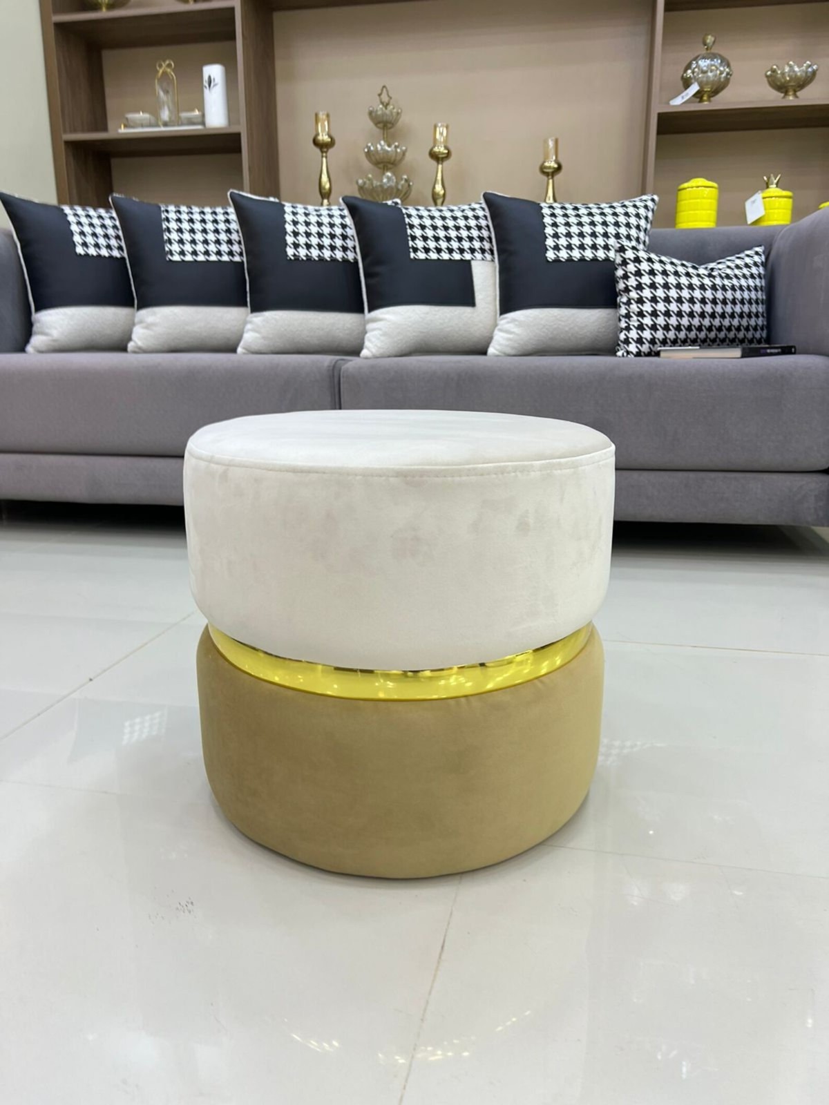 Modern pouf stool Velvet Pattern Round Fabric Ottoman Accent Footstool Entryway