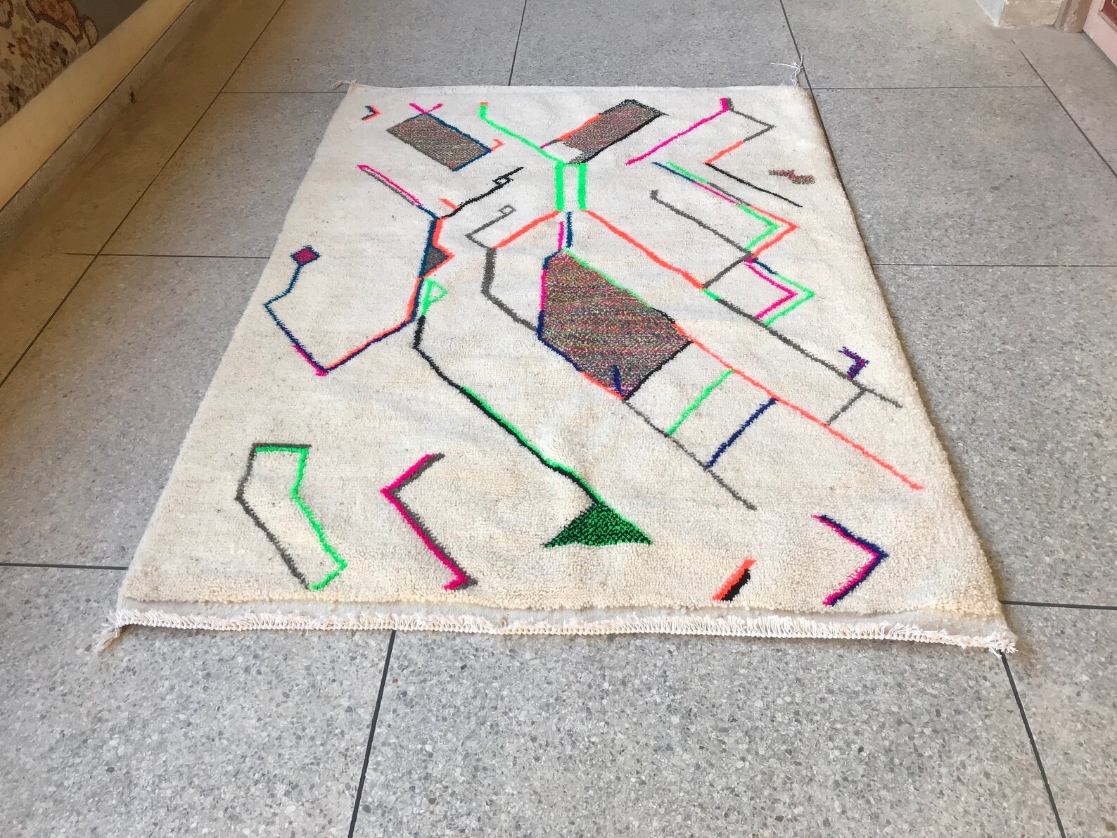 Beni Ourain Rug, White and Green Striped Moroccan Rug, Custom Wool Handmade Rug