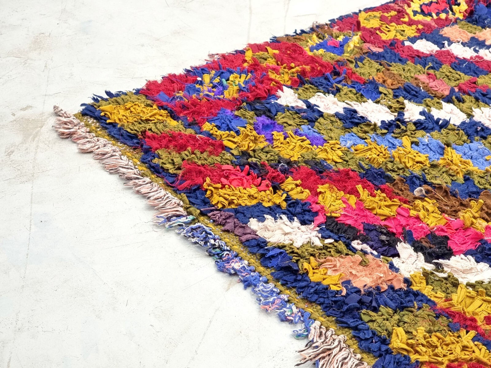 Moroccan Handmade Vintage Boucherouite2’8×9’1Berber Checker Red &Blue Cotton Rug
