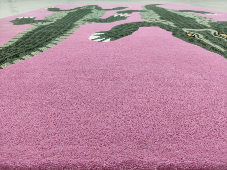 Hand Tufted Wool Animal Rug, Pink Crocodile Area Rug, Handmade Kids Room Carpet,