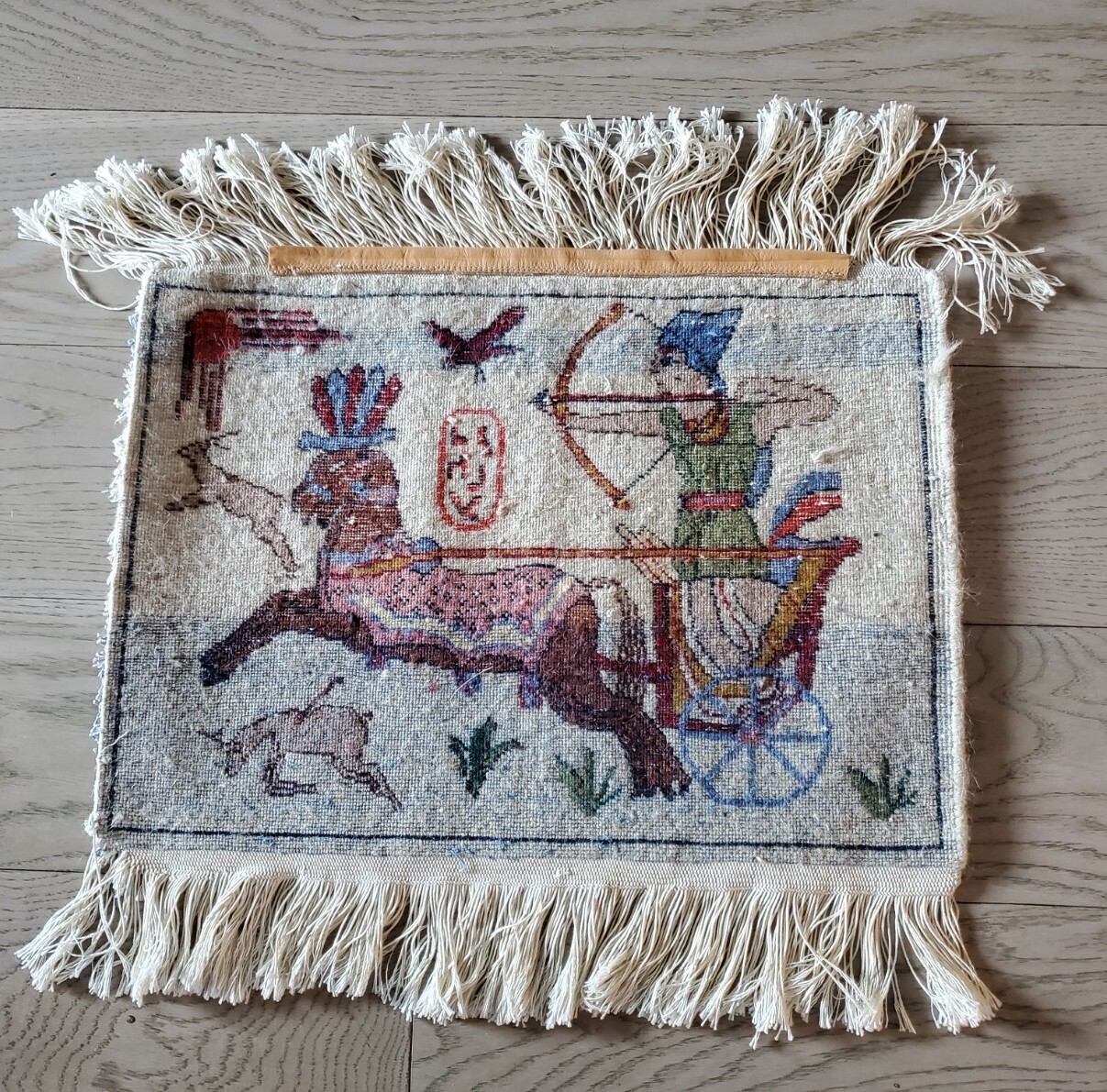 Vintage Pictorial 14×19″ Handmade Tightly Woven Rug; Chariot Rider; Fringed Ends