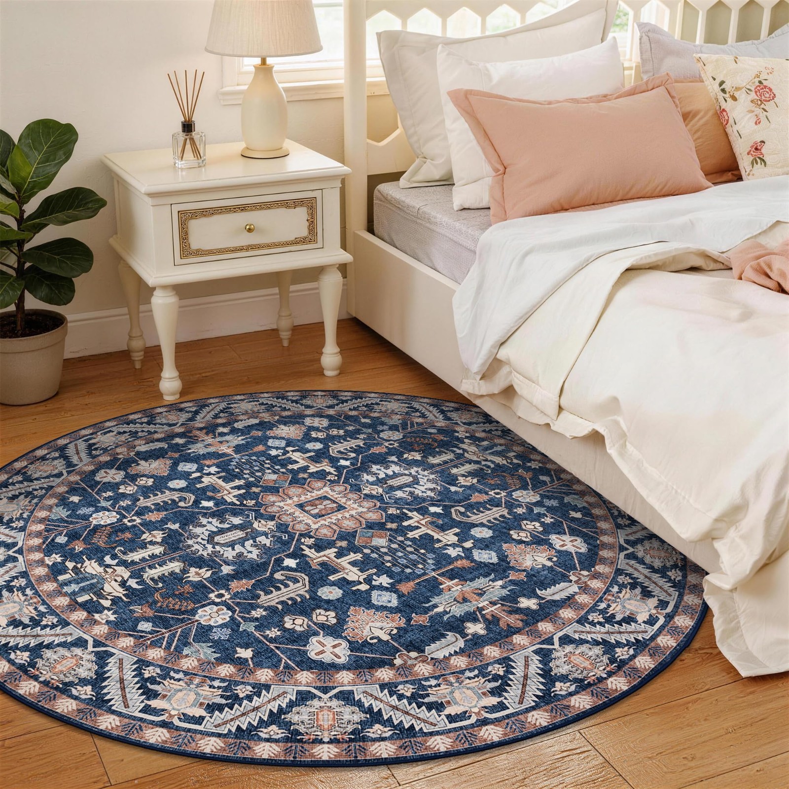 6ft Round Washable Area Rug – Boho Vintage Circle Carpet for Living Room, Bedroo