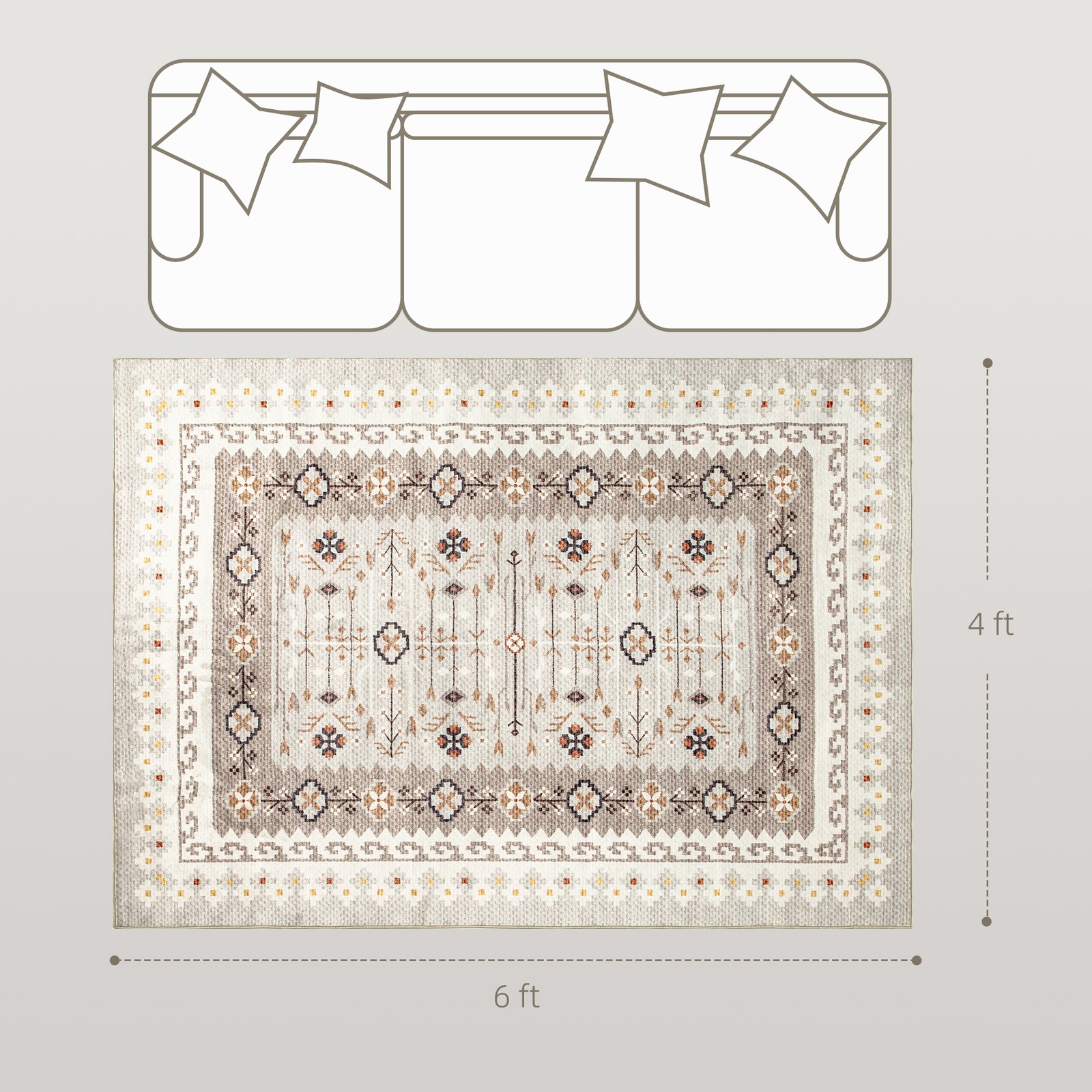 Area Rug 4×6, Non-Slip Boho Flannel Print Floor Carpet, Brown