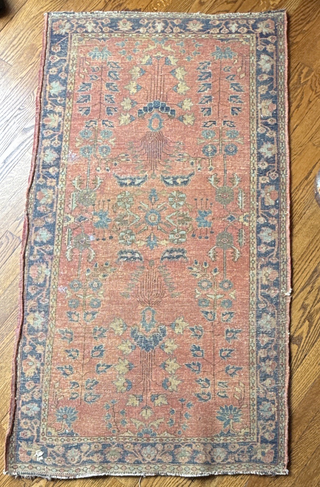 Vintage Hand-Knotted Hamadan Runner Rug 31 x 57 in Rust Blue Floral Tribal