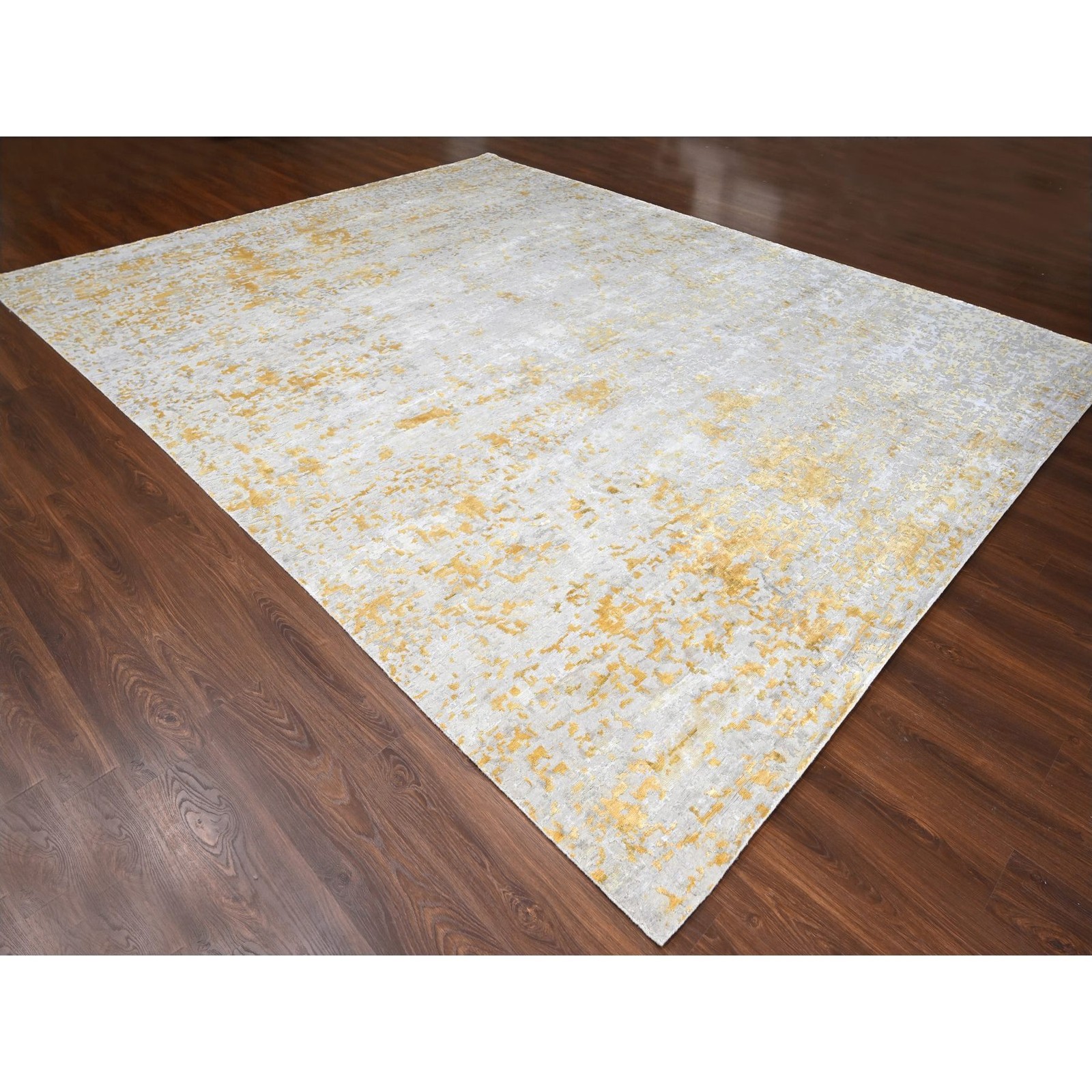 12’x14’9″ Beige Abstract Design Wool and Silk Hand Knotted Oversized Rug R10208