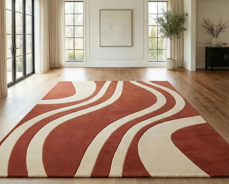 Modern Hand Tufted Rust Cream Area Rug Abstract Wave Pattern Living Room Wool Ca