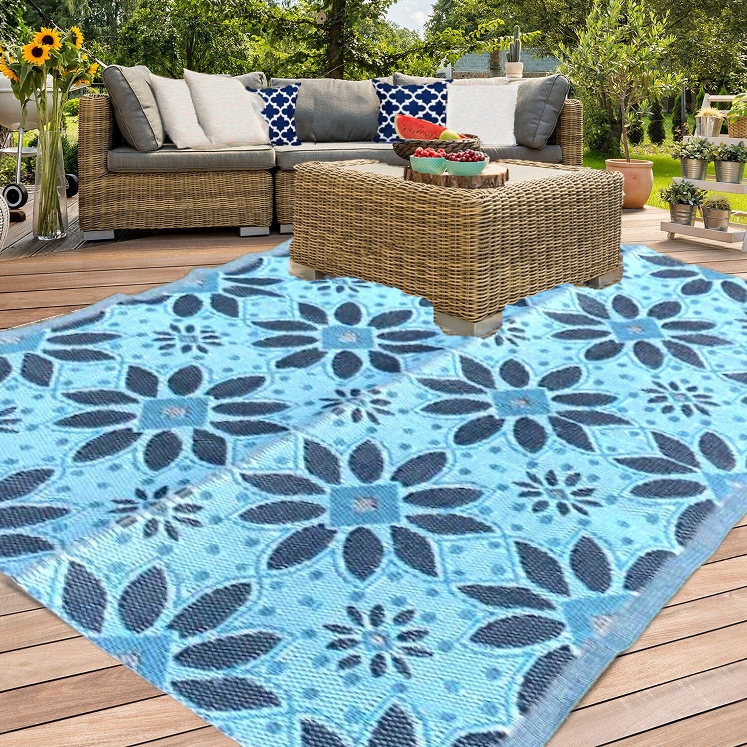 Outdoor rugs Plastic straw patio rugs 5×7 ft. Blue, Black, Grey Used For Display