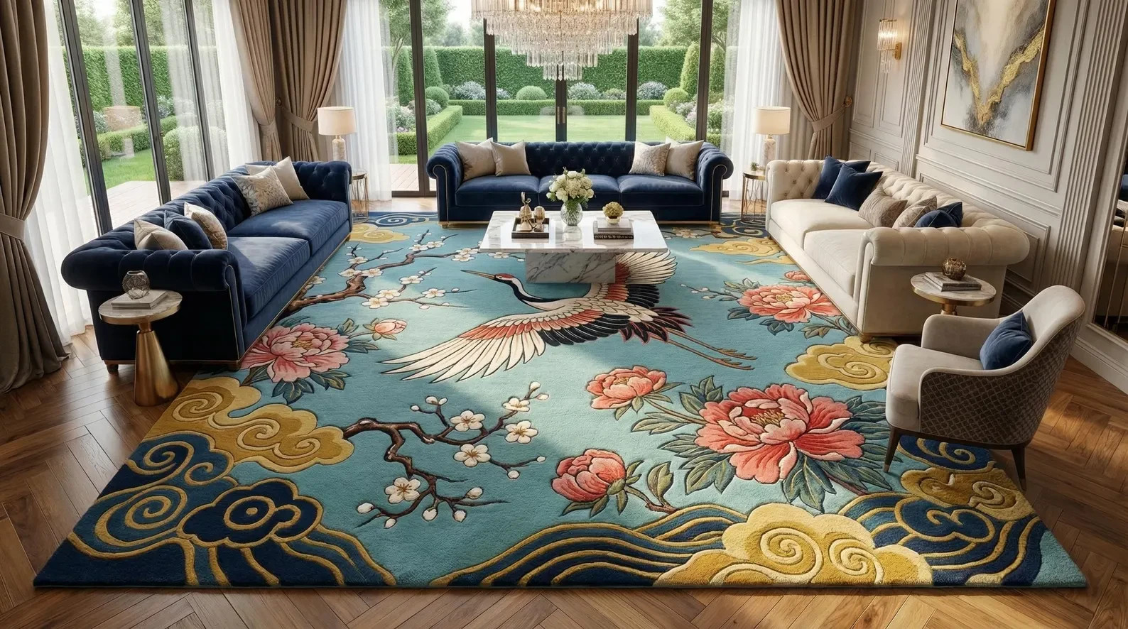 Hand Tufted Wool Floral Statement Carpet for Living Room 8×10 9×12 Custom Availa