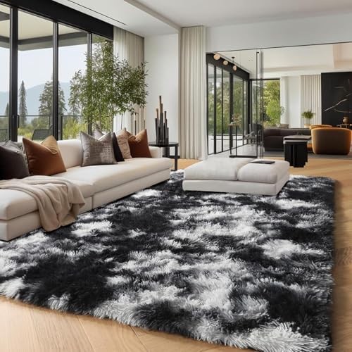 9×12 Area Rugs Living Room, 9′ x 12′ (Rectangular) Tie Dyed-black White Grey