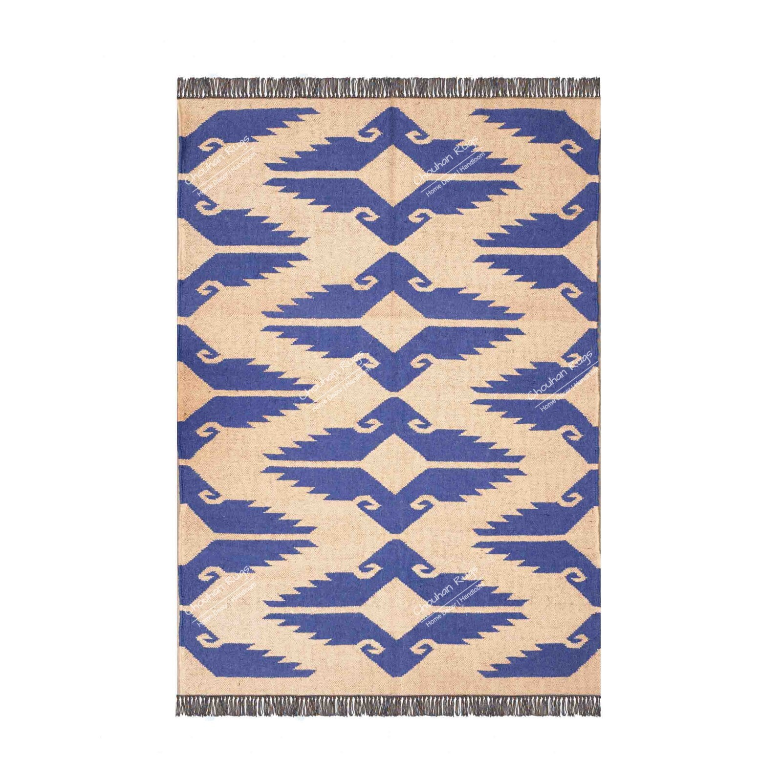 Handwoven Wool Jute Kilim Rug, Off White With Light Blue Design Fringes Jute Rug