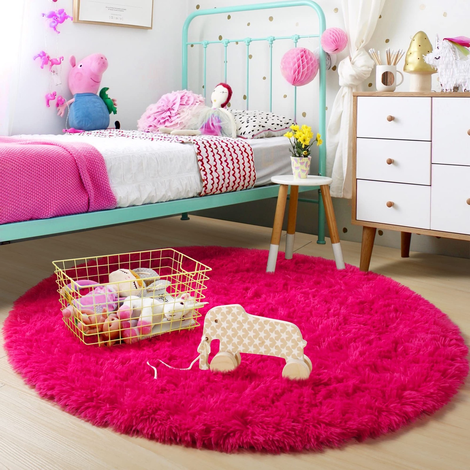 Hot Pink Fluffy Circle Round Rug 4’X4′ for Kids Room, Furry Carpet for Teen G…