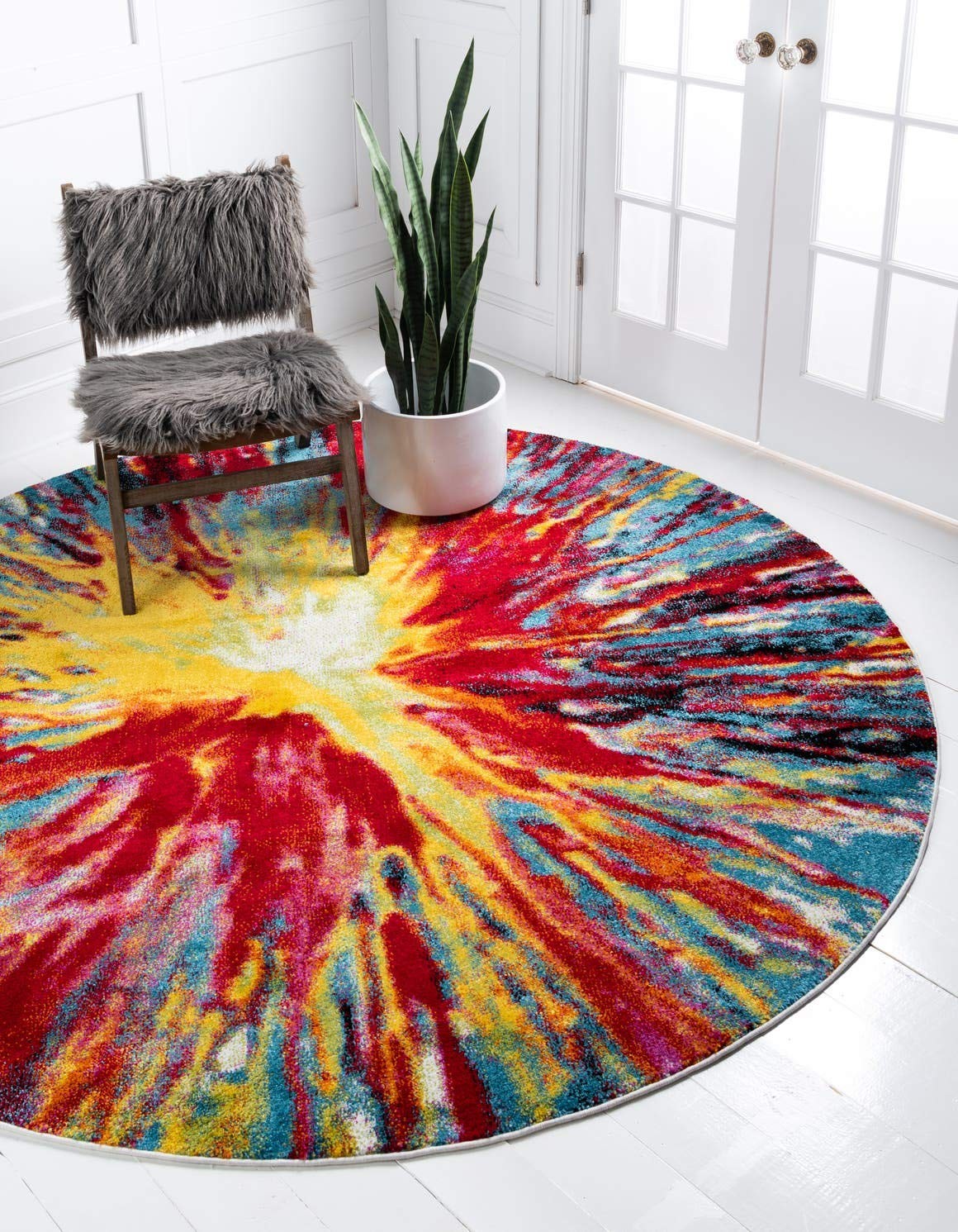 Lyon Collection Modern Abstract Tie-Dye Fireworks Area Rug (6′ 0 x 6′ 0 Round…