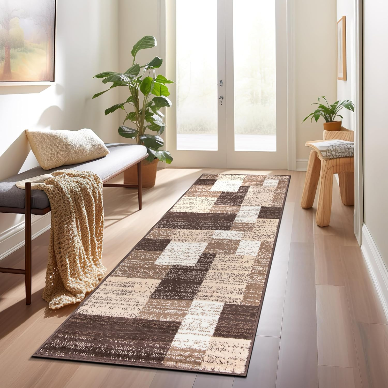 Contemporary Distressed Boxes Soft Runner Rug 2’X7′ Brown