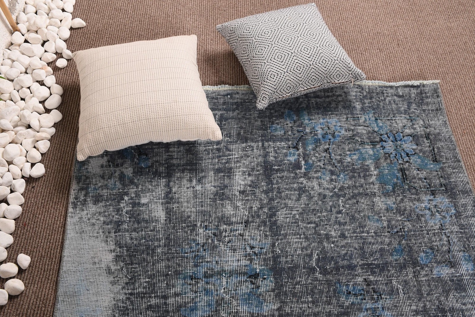 Vintage Turkish Rug, Area 4×8 ft (122×244 cm) Rug, Blue Solid Wool Rug