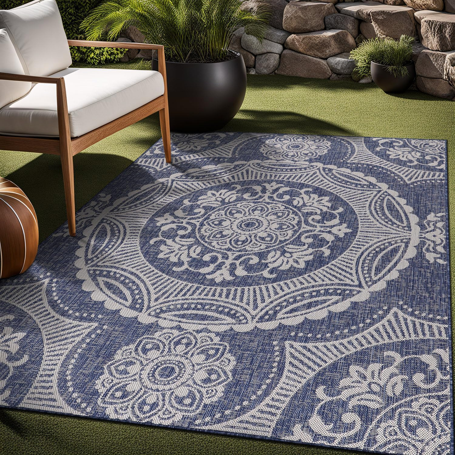 Blue Medallion Outdoor Rug 6×9 – Washable, Waterproof, Easy Clean Area Carpet