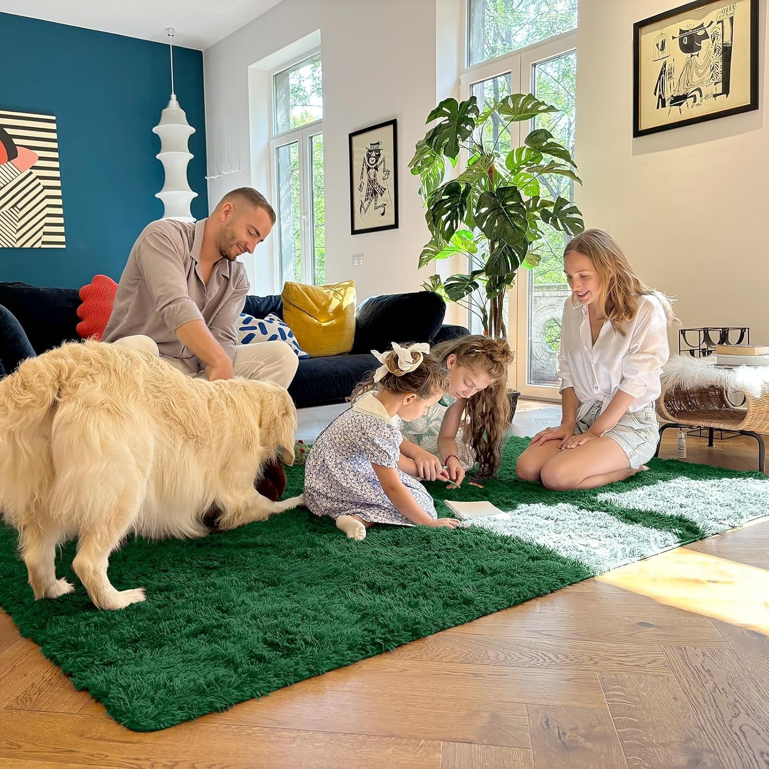 Fluffy Area Rugs Large Dark Green Shaggy Carpet for Living Room & Bedroom Floor