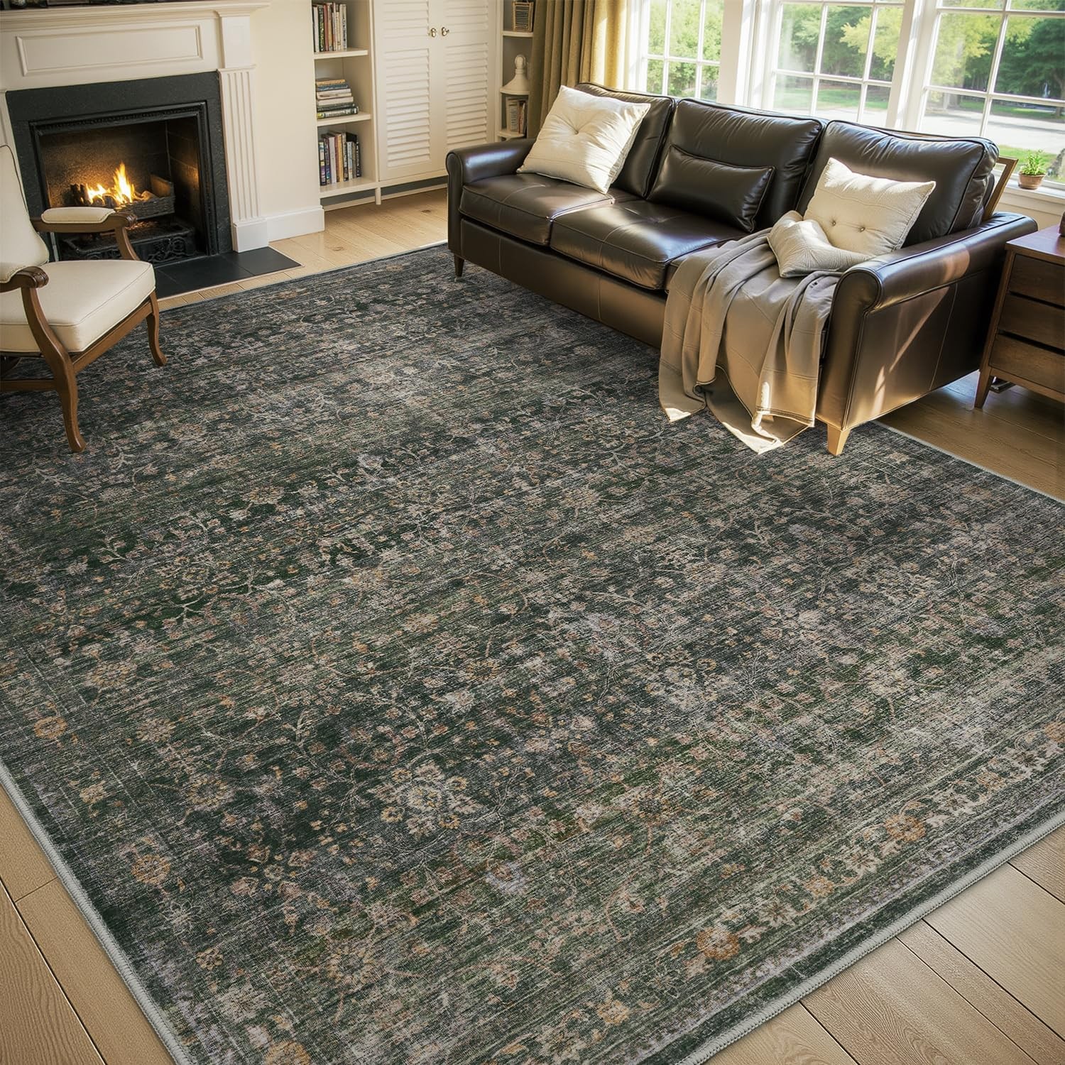 MontVoo-Vintage Area Rug 5X7 Green Rugs for Living Room-Soft Distressed Printed