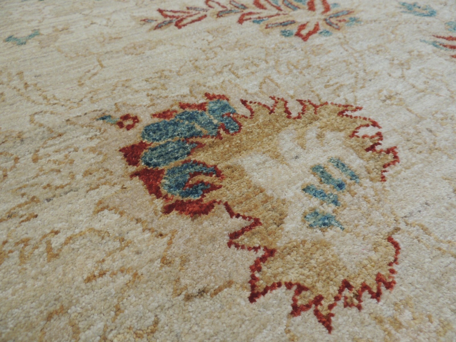 6×9 Pakistani Peshawar Vintage look rug Vegetable Dye Beige Rust Teal Blue Gold