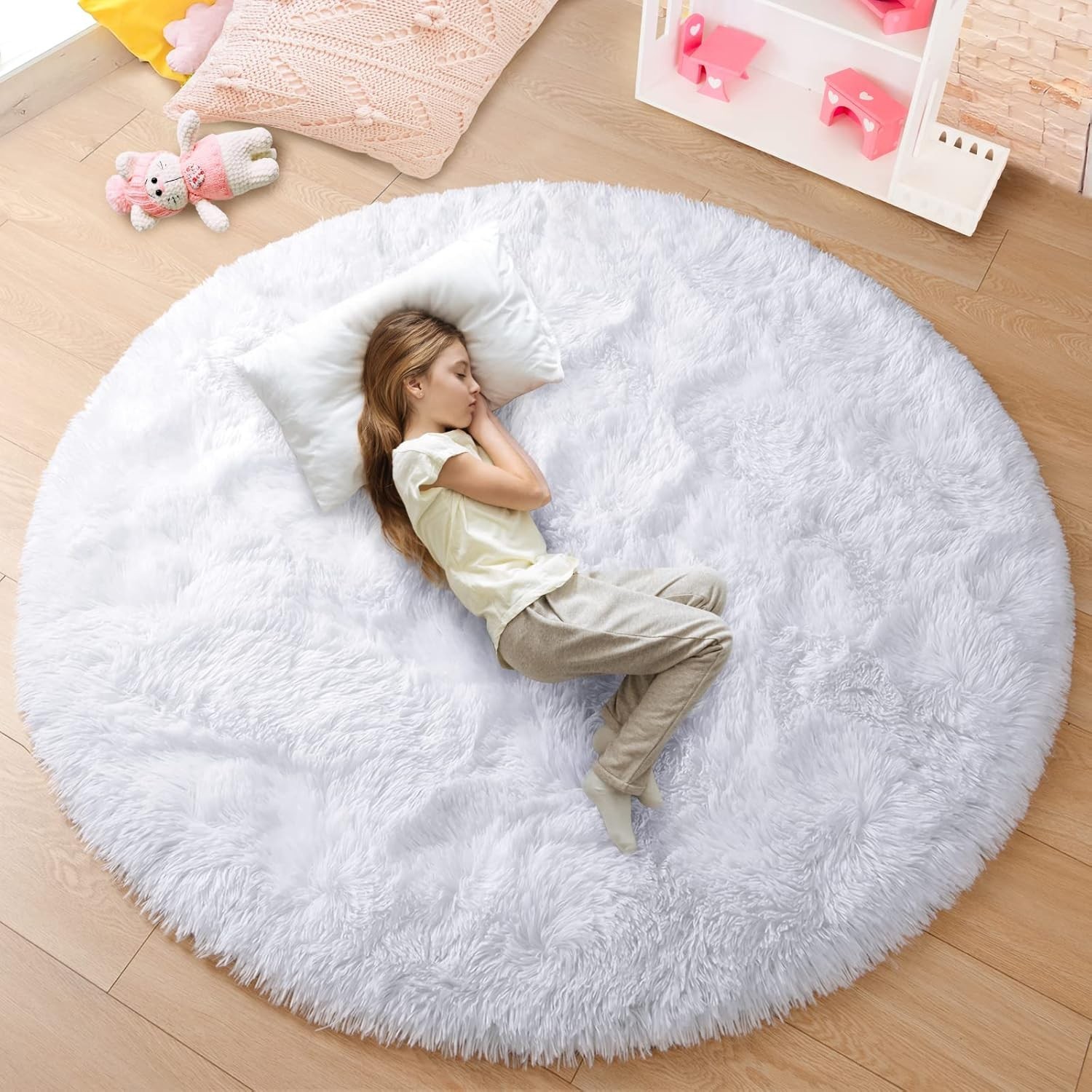 Round Rugs 4×4 Feet Fluffy Soft Area Rug for Kids Girls Room Plush Shaggy Carpet