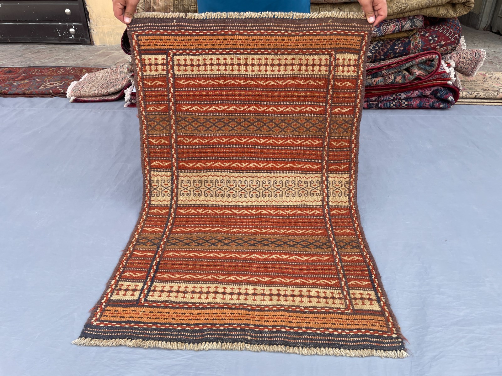 2×3 Handwoven Afghan Kilim Rug Tribal Wool Flatweave with Hooked Motifs N Stripe