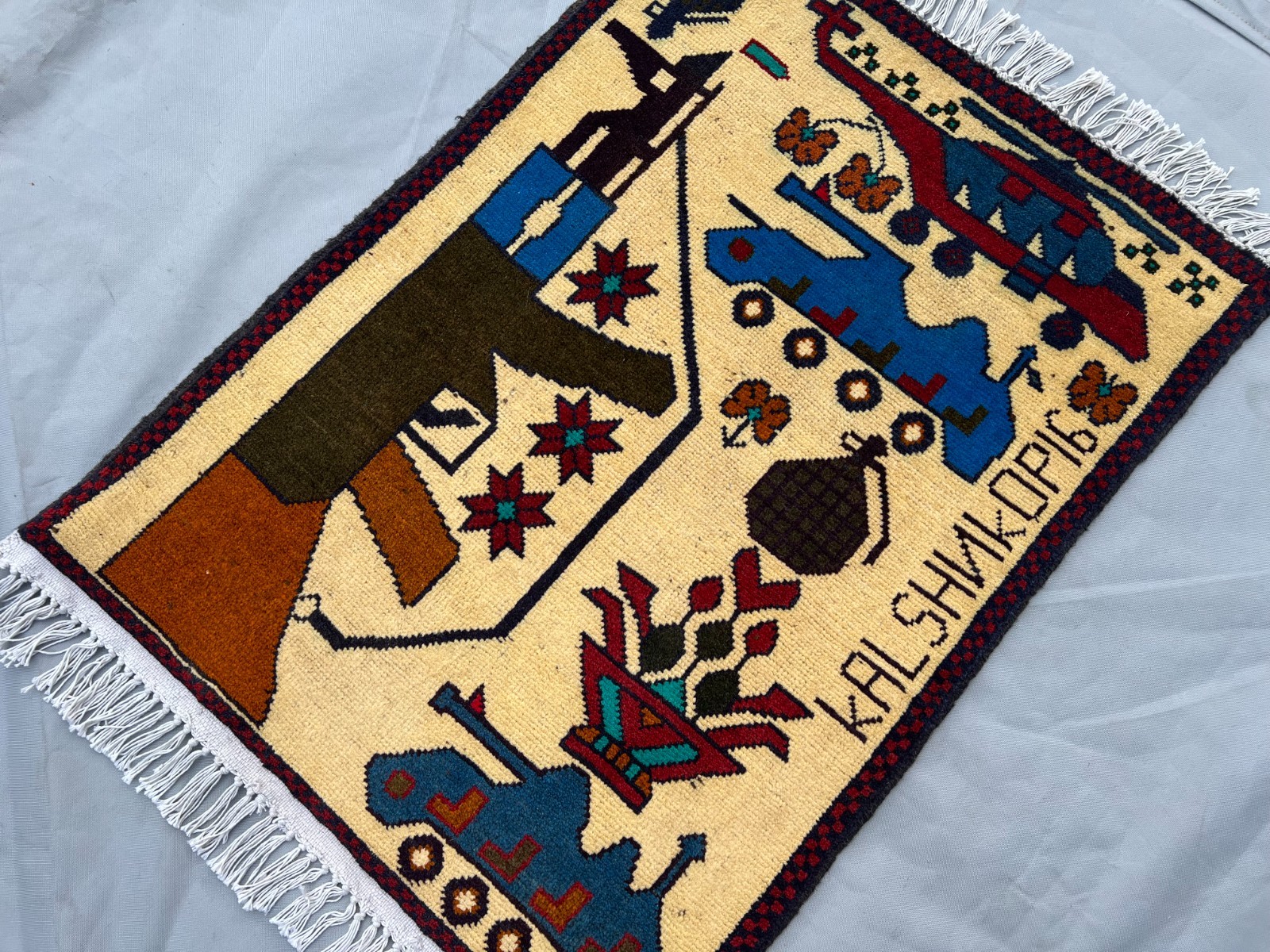 2 x 2’8 Ft Afghan War Rug- Kalashnikov, Helicopter And Tank Pictorial Tribal Rug