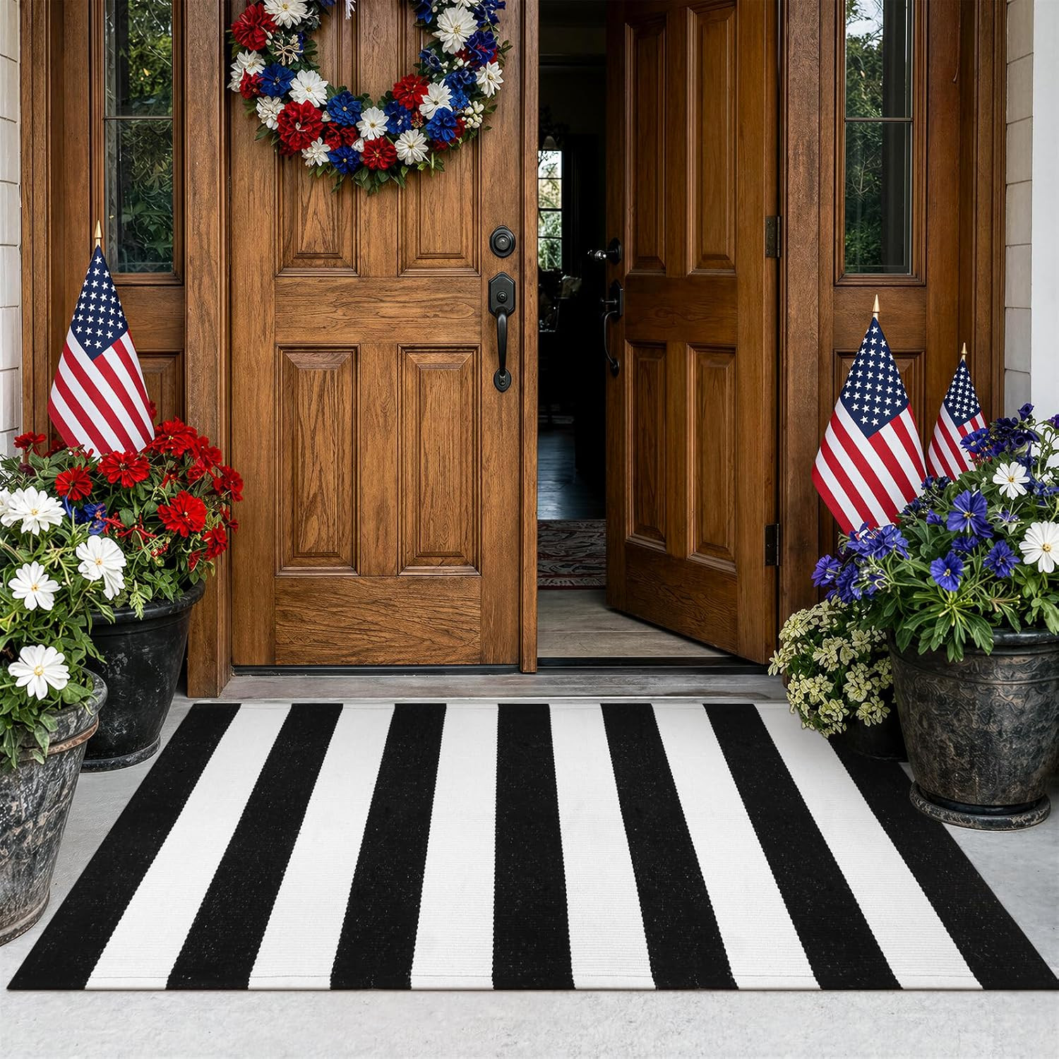 Black and White Outdoor Striped Rug 24″X 51″, Cotton Woven Front Porch