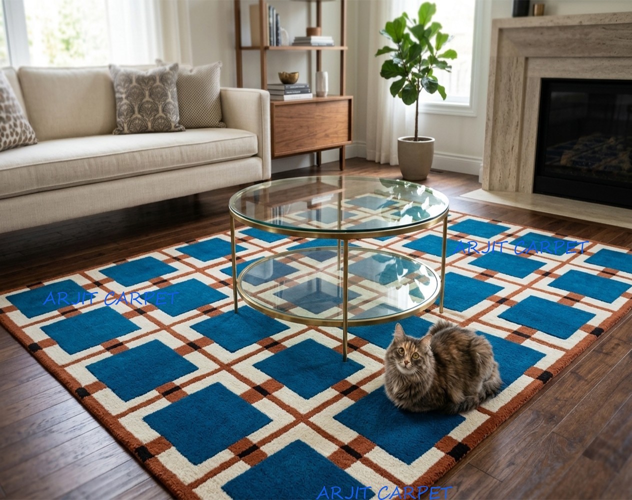 Modern Geometric Hand-Tufted Wool Rug – Bold Grid Pattern Area Living Room