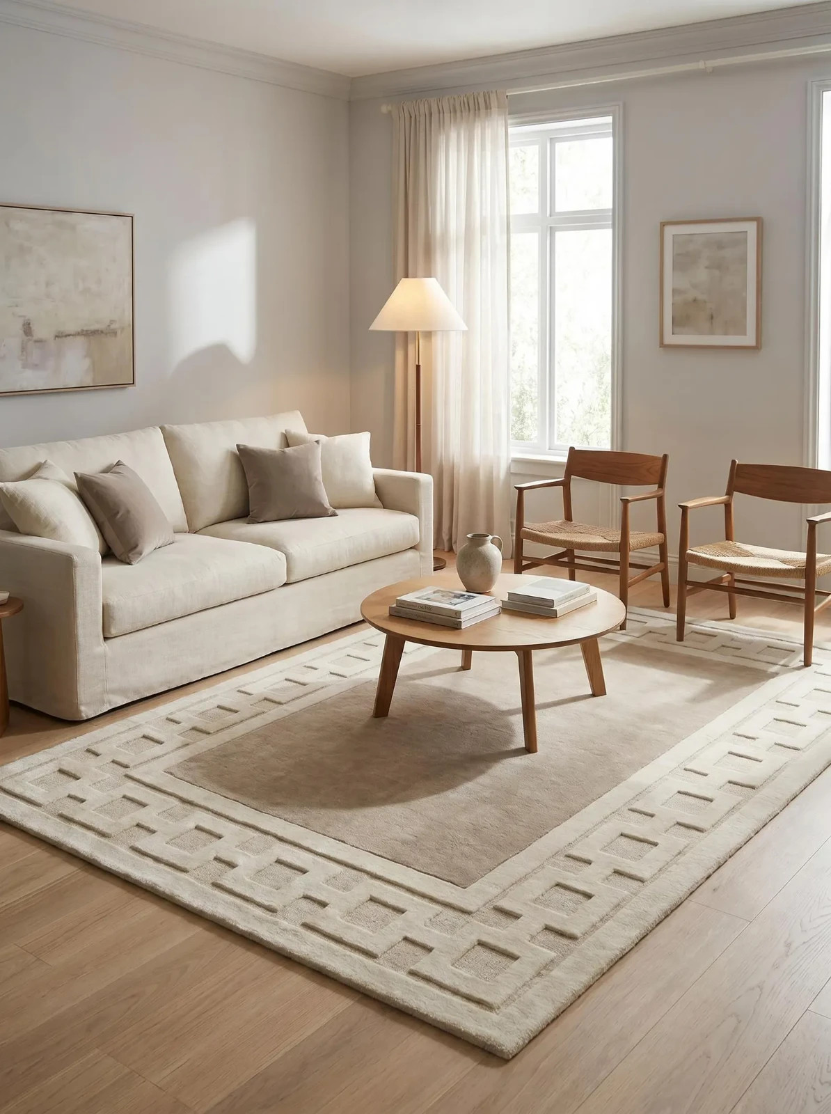 Luxury Greek Key Tufted Rug, Handmade Neutral Area Rug, Modern Beige Living Room