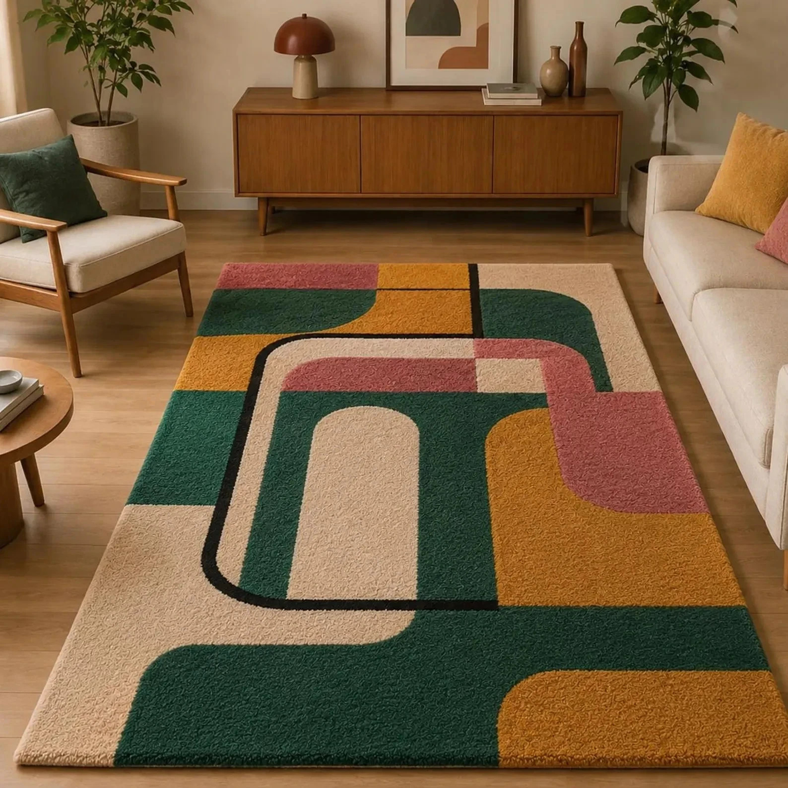 Hand Tufted 100% Wool Geometric Abstract Green Mustard Pink Cream Black Rug etc